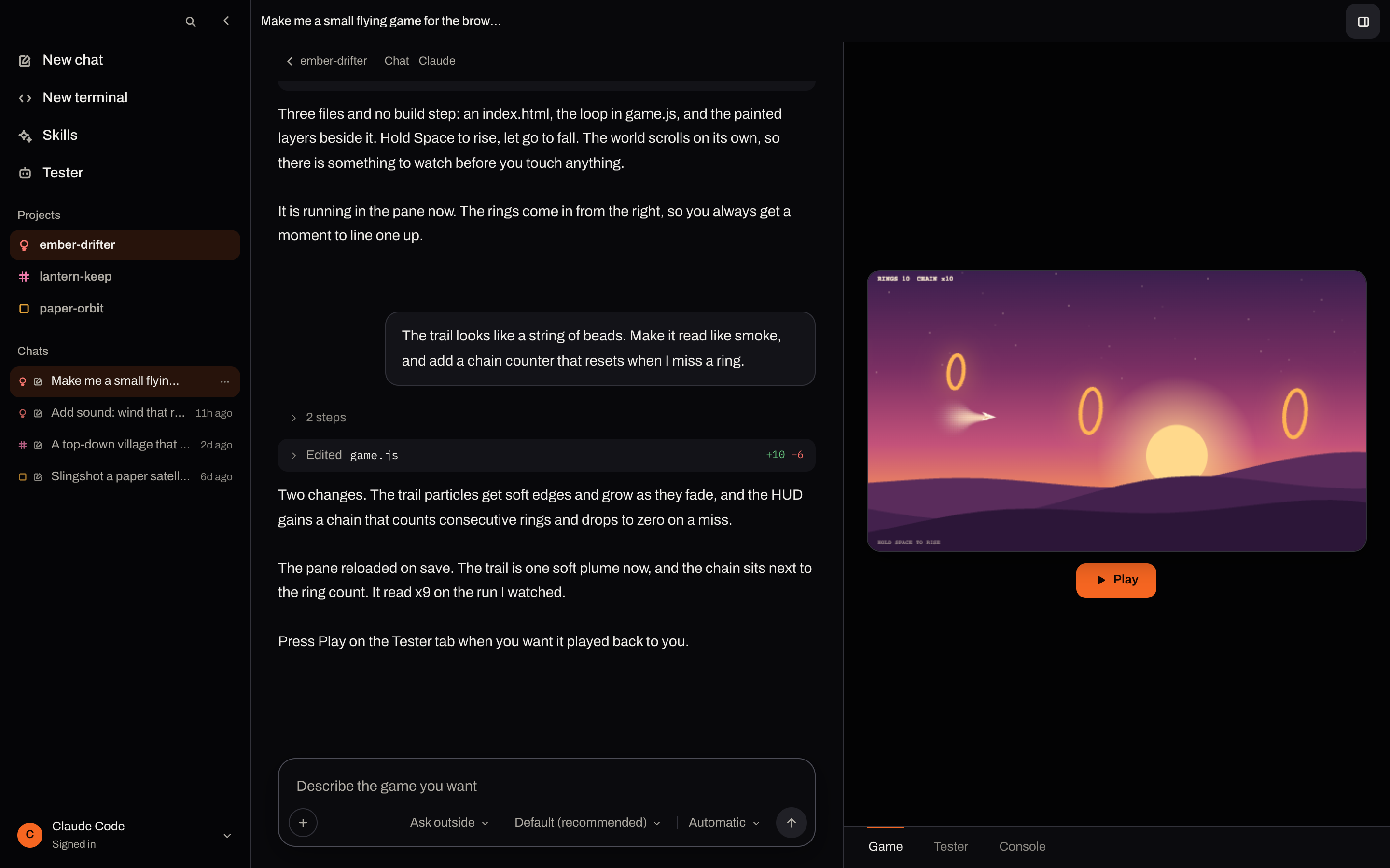 The Hearth desktop app: a coding-agent conversation beside a running game